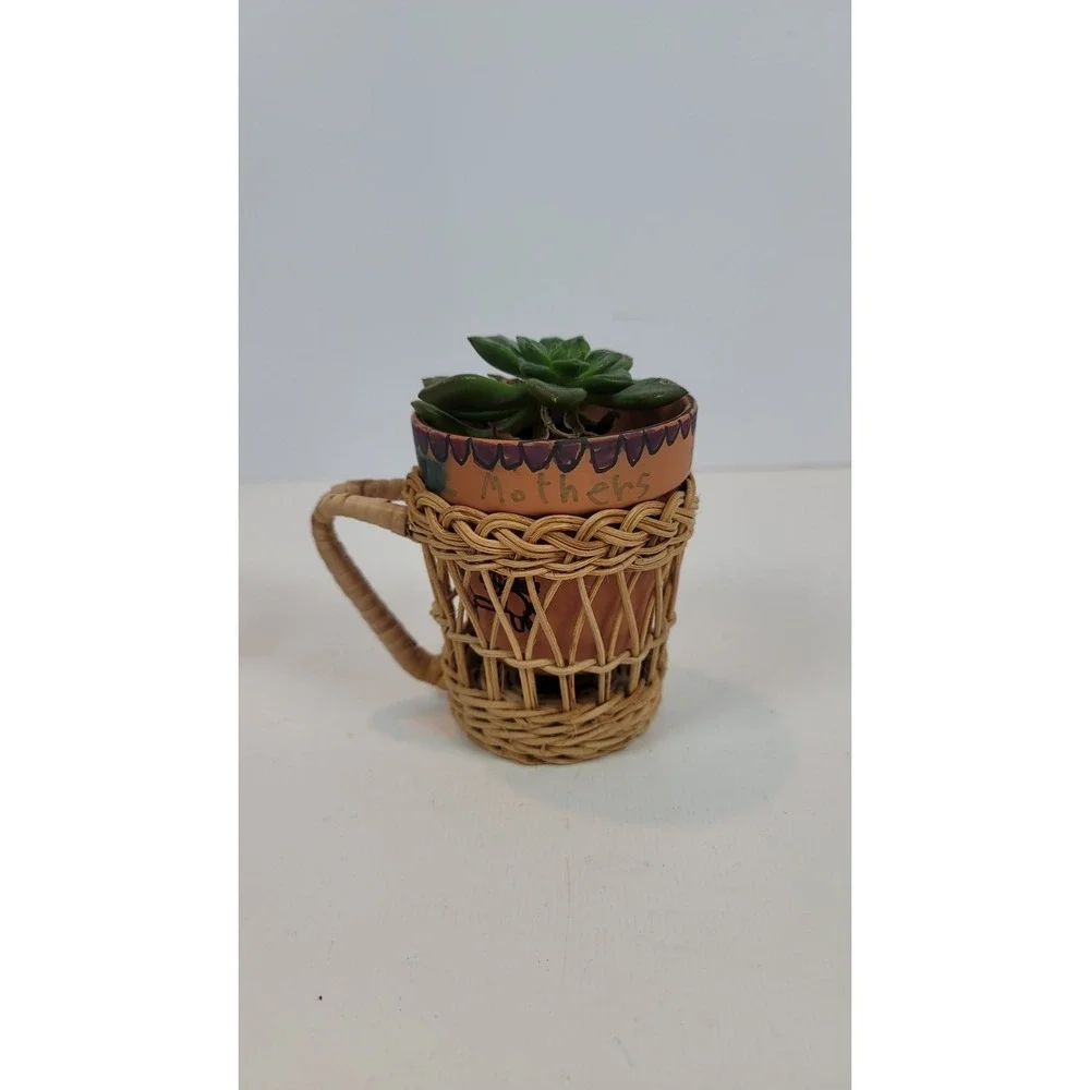 Set‎ Of 4 Vintage Wicker Rattan Cup Glass Holder Round Boho Summer 3.5